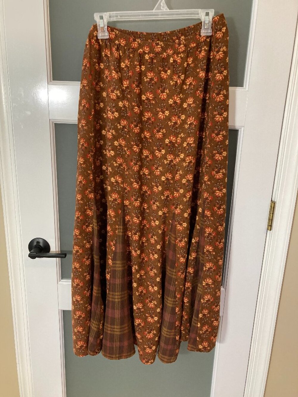 April Cornell Boho Brown Floral Maxi Skirt Plaid Panel - XL - Perfect for fall!
